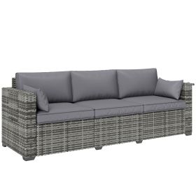Outsunny 3 Seater Wicker Sofa with Side Trays, Outdoor Patio Couch with 6" Thick Back Cushions, Deep Seating, Mixed Gray