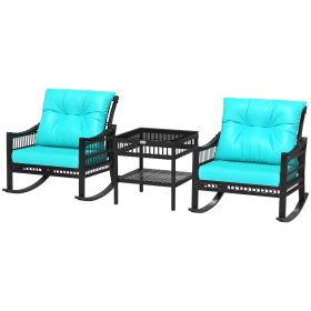 Outsunny 3 Pieces Outdoor PE Rattan Rocker Chair Set, Rocking Chair with Tempered Glass Table Top, Turquoise Green