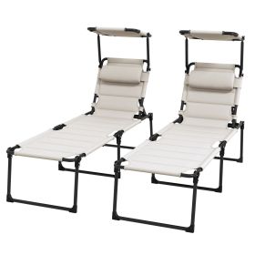 Outsunny 2 Beige Folding Chaise Lounge Chairs Outdoor Sun Tanning with Sunroof Headrests 4-Position Reclining