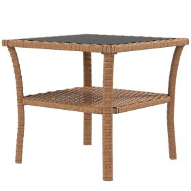 Outsunny Outdoor Wicker Coffee Table Rattan Patio Furniture 2-Tier Storage Shelf Aluminum Frame Square Side Table Tempered Glass Top Sand