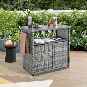 Outdoor Wicker Bar Cart, Patio Wine Serving Cart w/Wheels