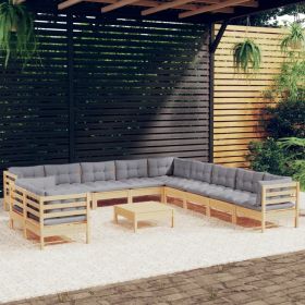12 Piece Patio Lounge Set with Gray Cushions Solid Pinewood