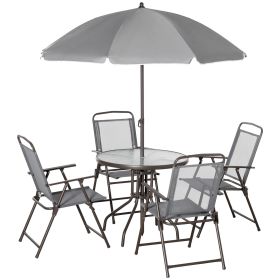 Outsunny 6 Piece Patio Dining Set for 4 with Umbrella, Outdoor Table and Chairs with 4 Folding Dining Chairs & Round Glass Table for Garden