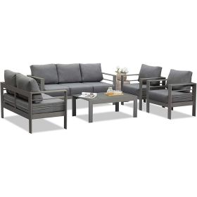 5 Pieces Outdoor All-Weather Conversation Set, Sectional Sofa, Aluminum Couch - Dark Gray Cushions