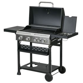 40,000 BTU Propane Gas Grill BBQ Cart with 4 Main Burners, 1 Side Burner, with Warming Rack, Side Prep Tables, Black