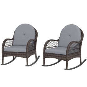 2 Pieces Wicker Rocking Patio Chairs, Indoor Outdoor Rocking Chair Set with Cushions and Armrests for Porch, Grey