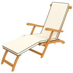 Folding Patio Lounge Chair with Padded Cushion, Acacia Wood Patio Lounger Recliner with Footrest for Garden, White