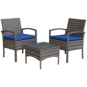 3 Pieces Wicker Patio Furniture Set, Rattan Bistro Set with Coffee Table and Cushions, Outdoor Conversation Set for Garden, Porch, Balcony, Blue