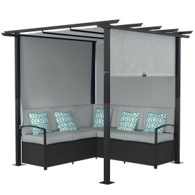 Wicker Patio Furniture, Outdoor PE Rattan Sofa Set with Retractable Canopy Pergola, Shade Shelter for Deck, Pool, Garden, Terrace, Grey