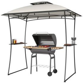 8' x 5' Outdoor Grill Gazebo, Double Tiered Barbecue Grill Gazebo Shelter with 2 Side Shelves and Hook, Light Grey