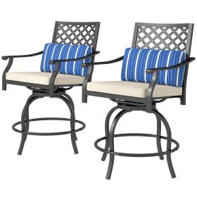 Outdoor Bar Stools Set of 2, Bar Height Swivel Patio Chairs with Cushion, Pillow Footrest for Poolside, Backyard