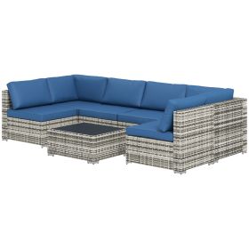 7pc Garden Wicker Sectional Set w/ Tea Table Patio Rattan Lounge Sofa Outdoor Deck Furniture Blue