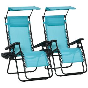 2 Piece Foldable Lounge Chair with Canopy Shade, Outdoor Zero Gravity Chair w/ Side Tray & Cup Holder