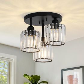 Crystal Semi Flush Mount Ceiling Light,3-Light Modern Close To Ceiling Light Fixtures,Black Kitchen (Color: Black)