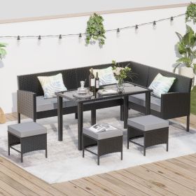 Small space patio furniture 7-piece outdoor furniture set, backyard furniture set, waterproof seat cushion, glass table, space saving (Color: as Pic)