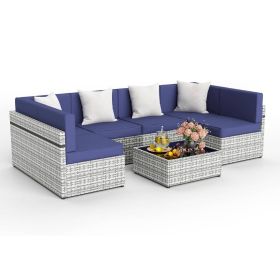 Pamapic Rattan Outdoor Sectional Couch Set (7 Pieces) (Color: Navy)