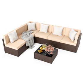 Pamapic Rattan Outdoor Sectional Couch Set (7 Pieces) (Color: Brown)