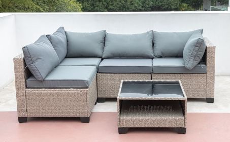 5-Piece Patio Furniture Set, All-Weather Outdoor Conversation Set Sectional Sofa with Water Resistant Grey Thick Cushions (Color: as Pic)