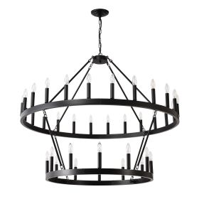 2 Tiers Wagon Wheel Chandelier Wooden Farmhouse 36-Light Black Metal Chandeliers 2-Story Light Fixtures Industrial For High Ceiling Living Dining (Option: Matte Black)